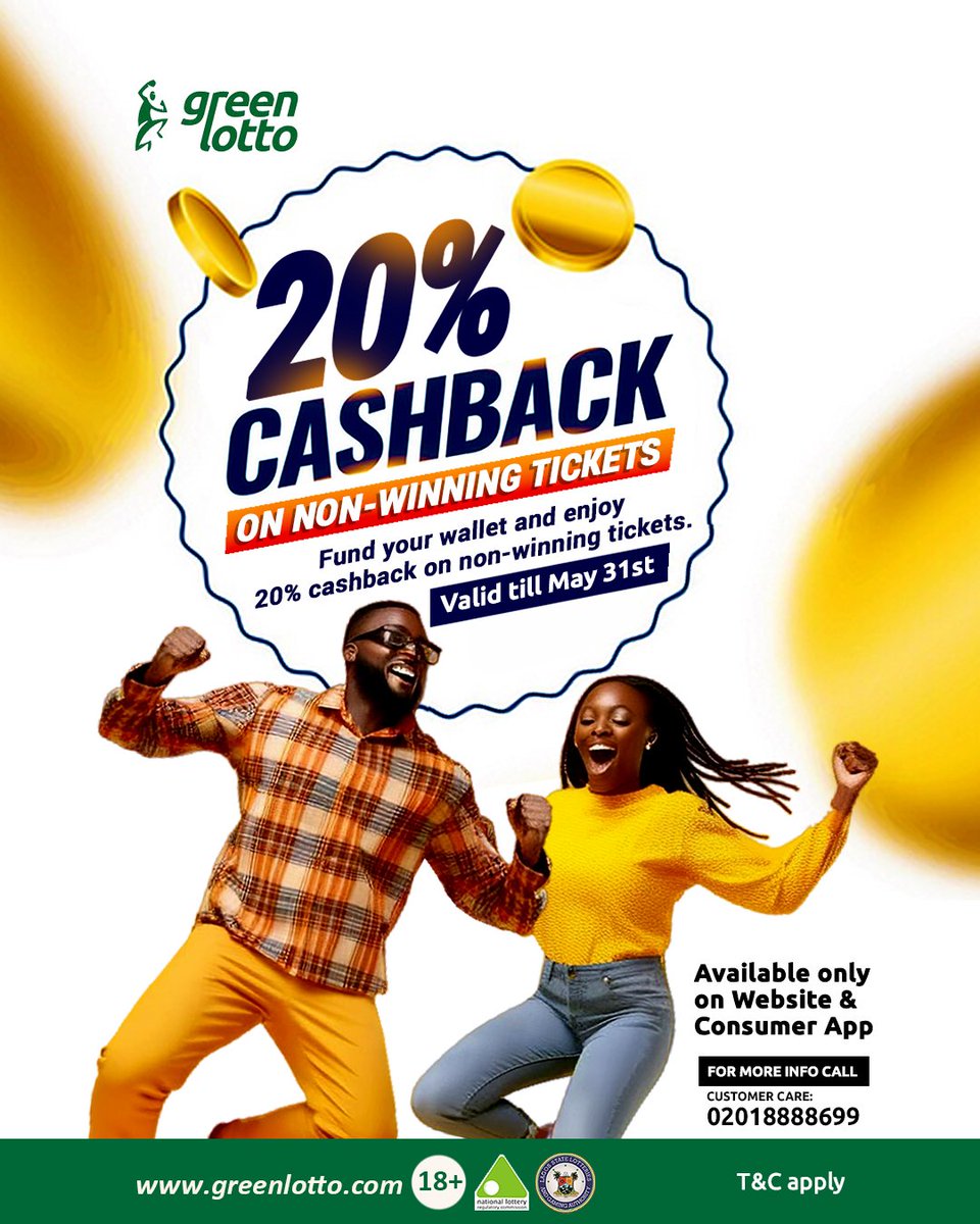 GreenlottoNg's tweet image. Enjoy more value with every play! 

Fund your wallet today and get 20% cashback on non-winning tickets

Do not miss out 👀
👉 Visit greenlotto.com

#GreenLotto #Cashback #GameTime #PlaySmart #StayInTheGame