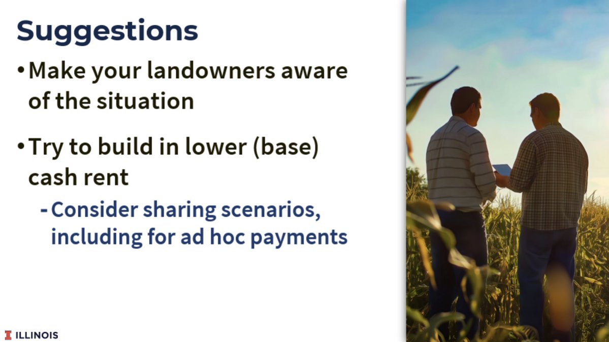 farmdocDaily's tweet image. 1/ For land rent, make your #landowners aware of the tough return situation and economic environment and try to build in lower base #cash #rent.

From today's @farmdocDaily webinar.