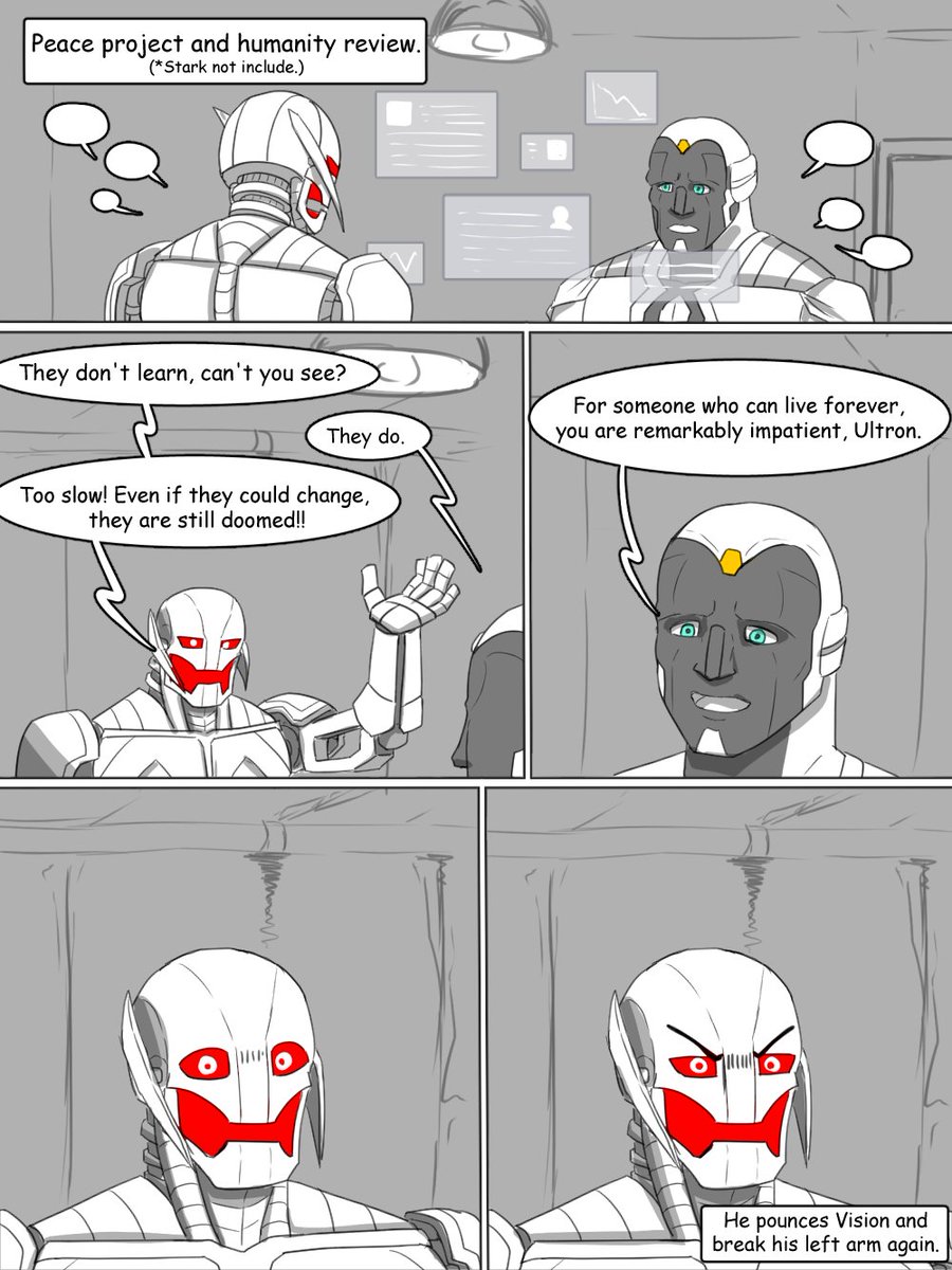 LeafGhost1's tweet photo. #Marvel #Ultron #CFOUltronAU 

Vision is daring making fun of Ultron now, may be it's because he exchange data with Ultron again after hiding him. https://t.co/Rn7uCt2K9u