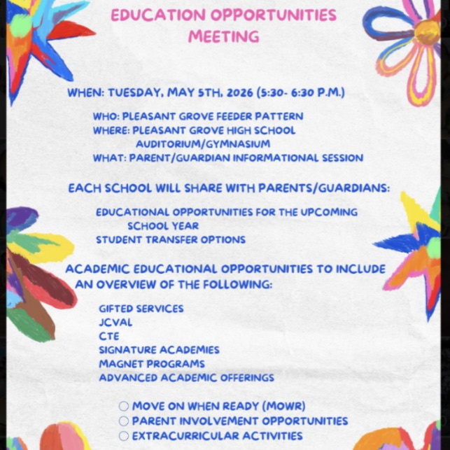 pleasantgrovees's tweet photo. Please read the flyer about our Education Opportunities Meeting on May 5th at 5:30 in the PGHS Auditorium/Gymnasium. https://t.co/KTgBdshAo7
