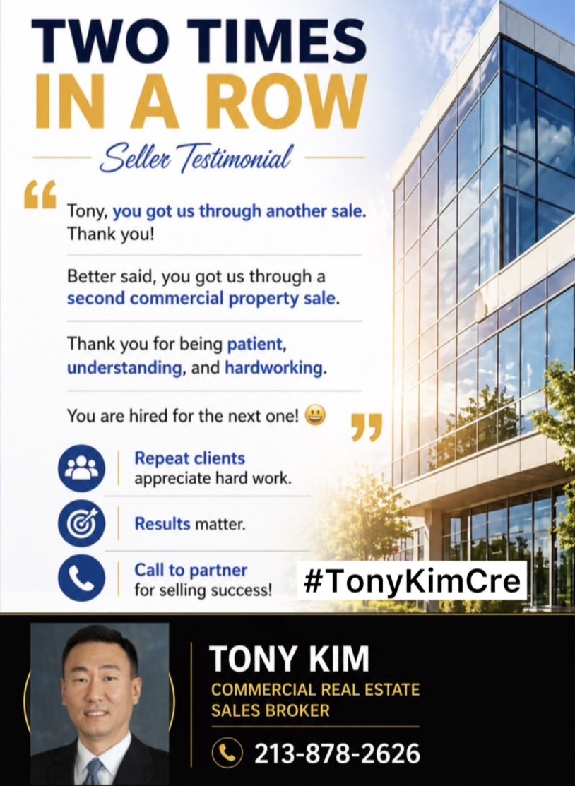 TonyKim_CRE's tweet image. Two Times in a Row Seller Testimonial. “Tony, you got us through another sale. Thank you! 

Better said, you got us through a second commercial property sale. 

Thank you for being patient, understanding, and hardworking. 

You are hired for the next one! 😀 

Repeat clients