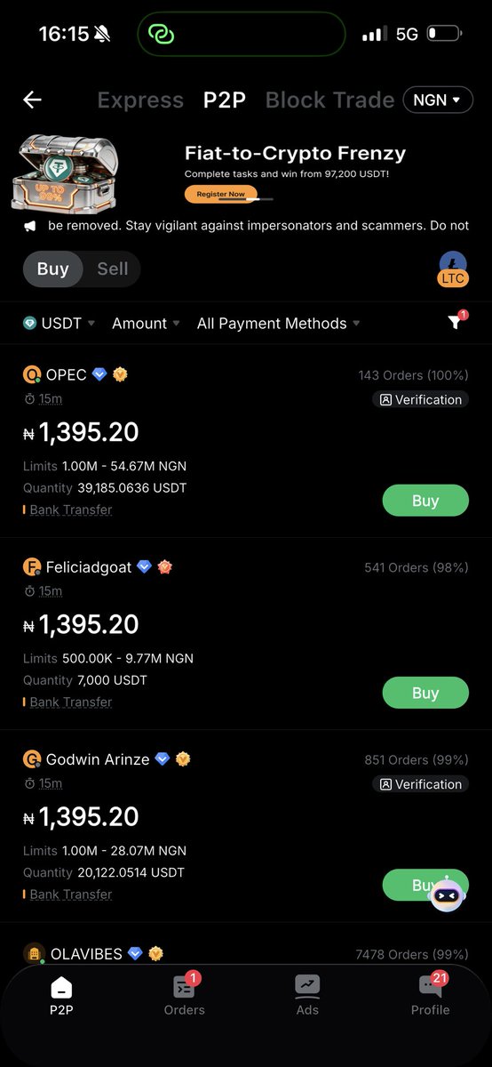 S_M_Danpullo's tweet photo. Arbitrage opportunity for Marchant on Bybit and Bitget P2P platforms.

If you have like 500,000 or more, you can easily and quickly buy USDT directly on Bitget P2P at the average rate of N1389 and sell it on Bybit P2P at an average price of N1394, making a cool N5 profit. 

Imagine you have ability to buy jusy $1,000 USDT you will make N5,000 as quickly and as many times as possible.

When you buy on Bitget, withdraw it using (Plasma Network) the withdrawal charges is $0.00099 kusan kyauta ne, sannan is fast.

You can do as many times you can har yayi balance. 

Note: this will work best if you are merchant on Bybit, not direct seller. 

On Bitget just buy directly not merchant 

Disclaimer: The time you see this post may be by the the market might have balanced, so always DYOR before proceeding