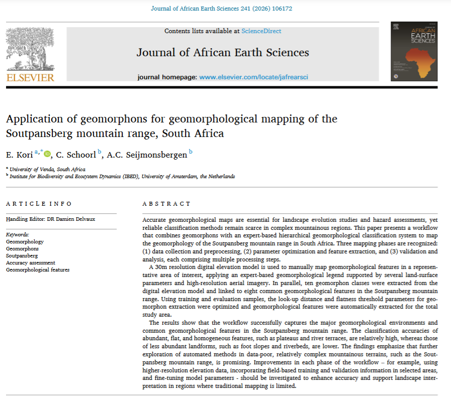 SAAGeomorph's tweet photo. New publication by SAAG member Edmore Kori et al. in Journal of African Earth Sciences: geomorphon-based geomorphological mapping of the Soutpansberg (South Africa) using SRTM DEM and expert classification. Congratulations to the authors!
Link to article:
https://t.co/58FHihkZ7L https://t.co/g1vDI85RlQ