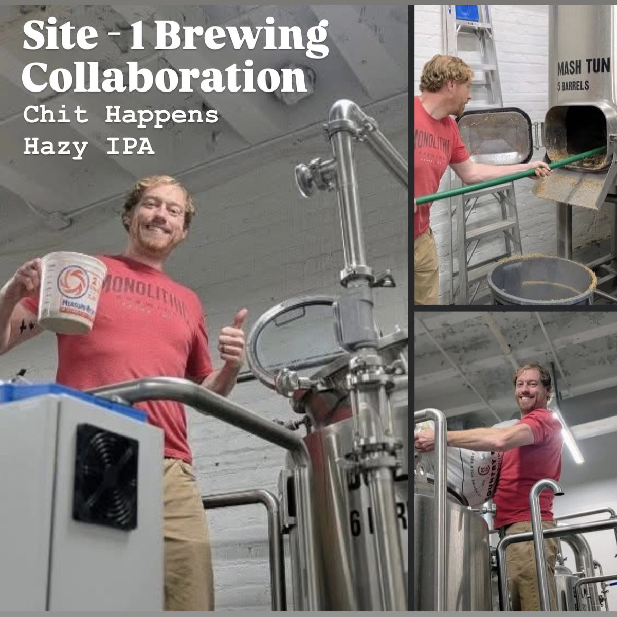 MonolithicB's tweet photo. A few weeks Shane went and hung out with  Dave and Yeager down at Site-1 Brewing to brew a collab Session Hazy IPA!

On tap now: Chit Happens – 5.7% abv - Brewed in collaboration with Site-1, this Session Hazy IPA features Dynaboost &amp; cryo Mosaic, cryo Nectaron, and Galaxy. https://t.co/NuNWc0waE8