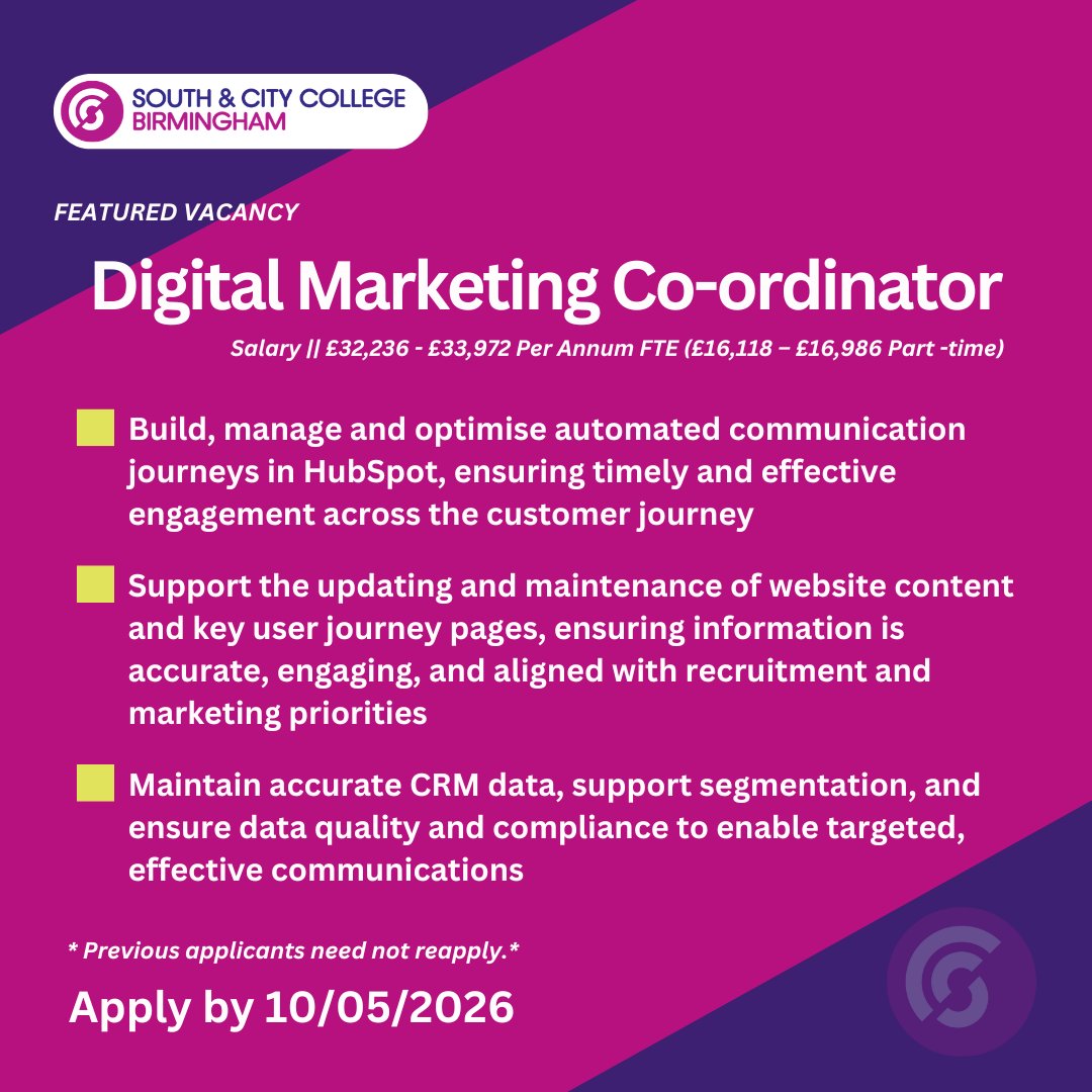 southandcitycol's tweet photo. ⏰ WE’RE HIRING! ⏰

🚀 Inspire future learners at South &amp; City College Birmingham

👉 Digital Marketing Co-ordinator (Maternity Cover): https://t.co/ShDzuzYk15

💼 CRM, automation, website administration &amp; student comms

Join an award-winning FE college in the UK! https://t.co/VVb1yD60QR