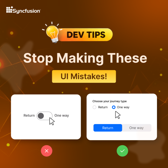 Syncfusion's tweet image. Most UI mistakes don’t come from bad design.

They come from wrong component choices 👀

A toggle isn’t always the answer.

Use the right input to improve clarity and reduce errors.

Good UI is how it behaves.

#UIUX #Frontend #Developers #Syncfusion