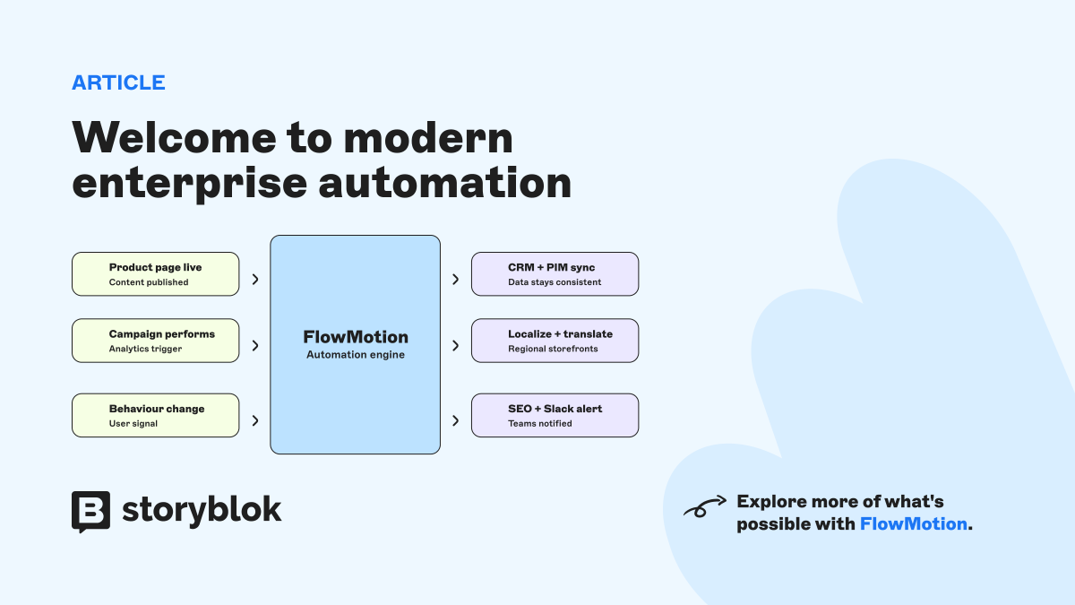 storyblok's tweet photo. Automation is when content, tools, and teams work as one:

👉Page goes live → CRM updates automatically
👉Campaign wins → localized versions ship instantly
👉Behavior shifts → SEO adapts, Slack notified

That's what #FlowMotion is built for: https://t.co/p1w43usglX https://t.co/2BbKprvP3d