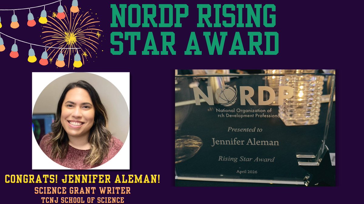 TCNJ_OGSR's tweet photo. Thrilled to celebrate Dr. Jennifer Aleman on receiving the 2026 Rising Star Award from National Organization of Research Development Professionals! Your dedication to research development and support for scholars at TCNJ continues to make a real impact. #TCNJ #NORDP https://t.co/OWkKR7bKnQ