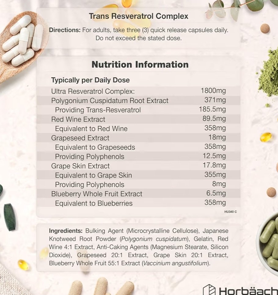 TJerryfan's tweet photo. @JackHadfield14 Some supplement companies are starting to employ the front headlines not reflecting nutritional back panel tactics used by the food industry. Horbaach Resveratrol only contains 185.5mg not the 1800mg you might think on first glance. https://t.co/zoxieqkapv