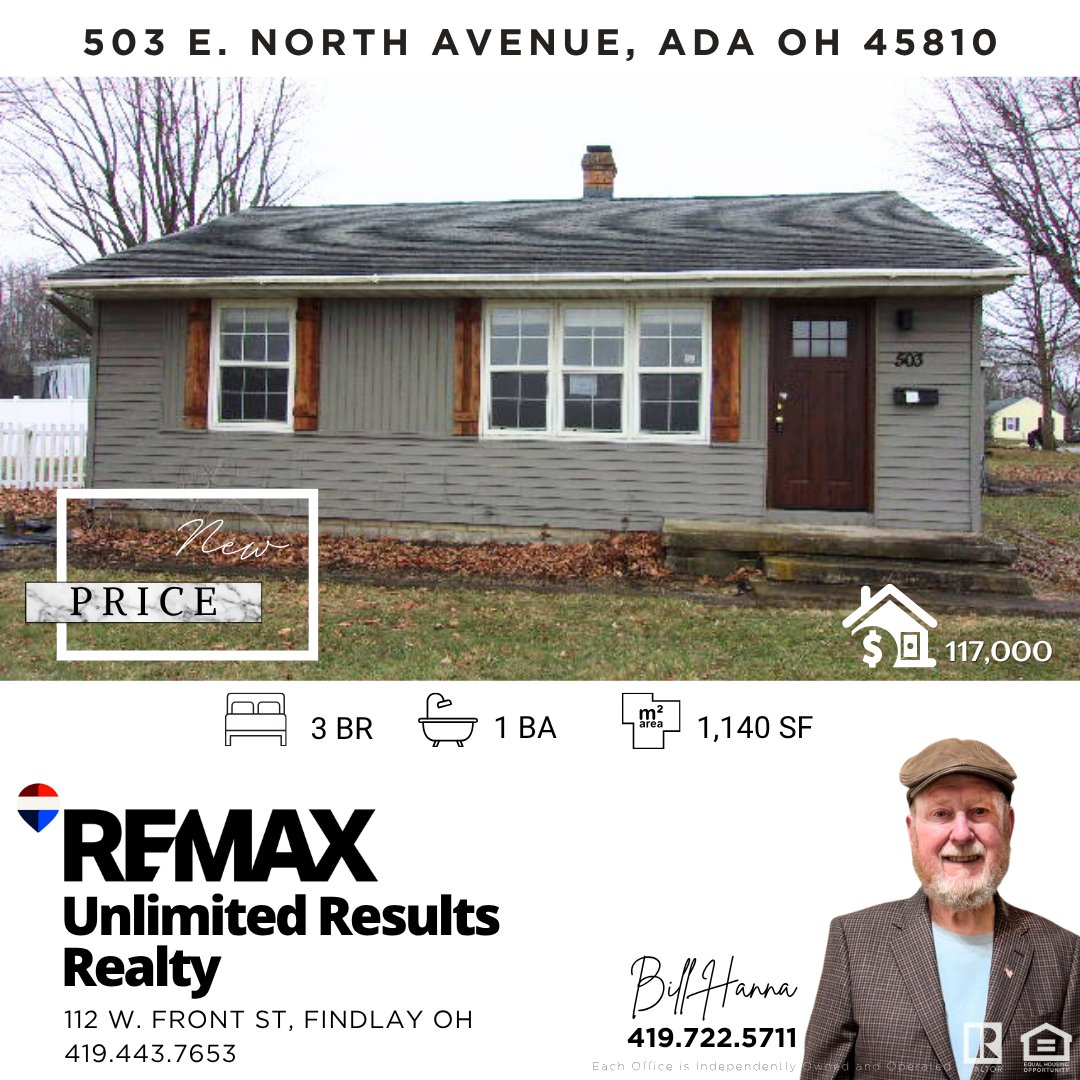 UnlimtedResults's tweet image. 𝗡𝗘𝗪 𝗣𝗥𝗜𝗖𝗘!
503 E. North Ave, Ada OH
🛏️3 BR | 🚽1 BA | 📐1,140 SF

𝗕𝗶𝗹𝗹 𝗛𝗮𝗻𝗻𝗮 | 𝟰𝟭𝟵.𝟳𝟮𝟮.𝟱𝟳𝟭𝟭
For more info, visit: myre.io/0P892c1F2lWc

#realestate #remax #remaxagent #cmn #northwestohio #ohiorealestate #newprice