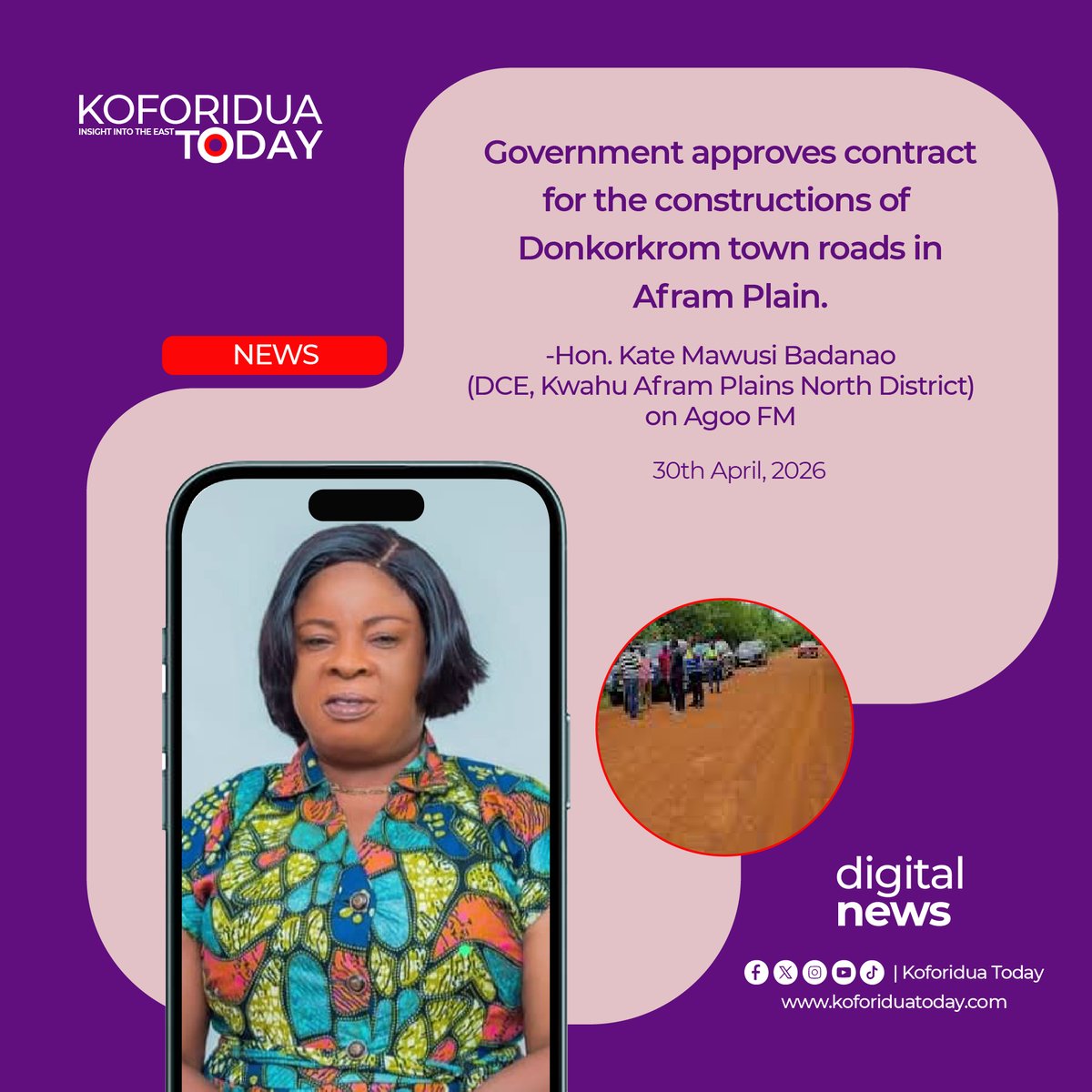 koforidua2day's tweet image. Government approves contract for the constructions of 
Donkorkrom town roads in Afram Plain.

-Hon. Kate Mawusi Badanao
(DCE, Kwahu Afram Plains North District)
on Agoo FM

koforiduatoday.com
#Koforiduatoday #easternregion #Newsupdate #Ghana #aframplains