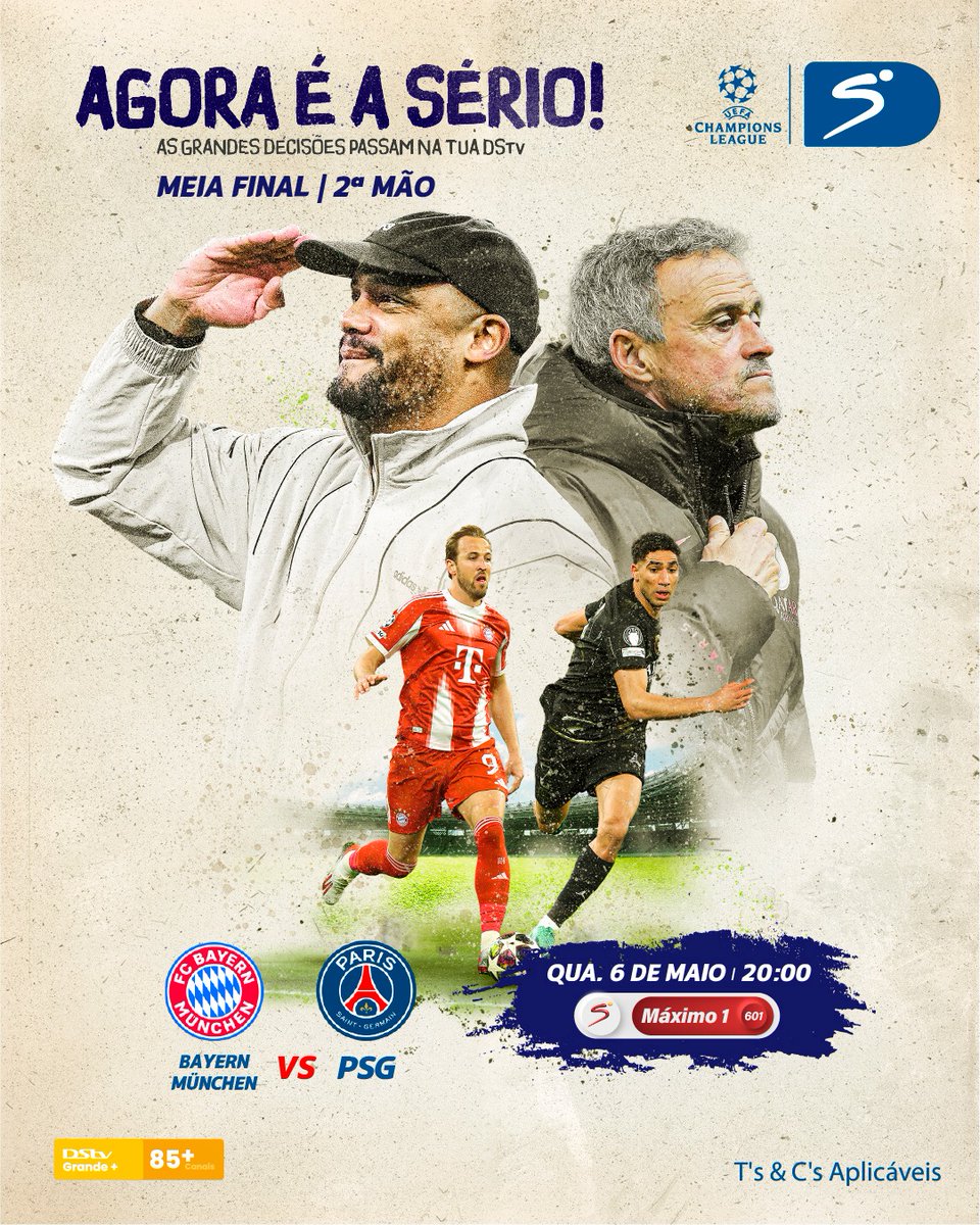 AGORA É A SÉRIO! Só quem tem pulso firme consegue o bilhete para a final ! 🏆

Preparado para o confronto que separa os homens dos rapazes?

#DStv #DStvAngola #ChampionsLeague #BayernPSG #ArsenalAtleti #AgoraÉASério