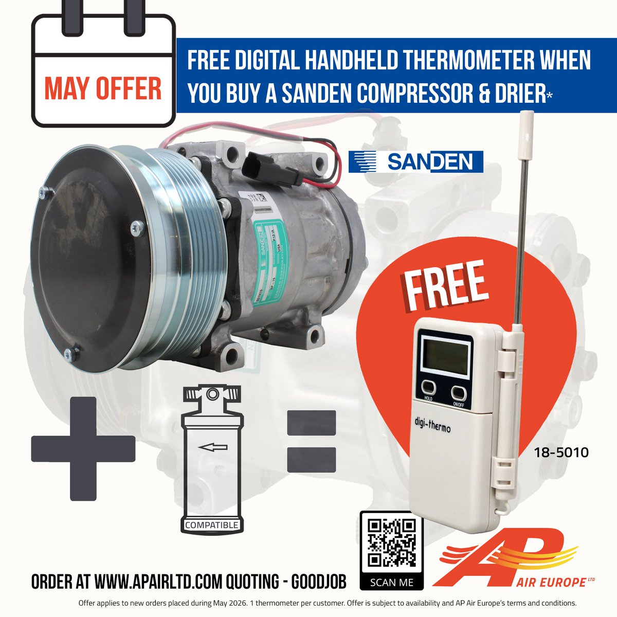 APAIRLtd's tweet image. 📢 It’s all about #Sanden &amp;amp; best #aircon practices for our May #offer
✨Order a #Sandencompressor &amp;amp; compatible #drier together &amp;amp; we’ll throw in a #FREE handheld digital thermometer*
🛒Order at apairltd.com quoting “GOODJOB”
*ts &amp;amp; cs apply
#warrantyprotection #acservice