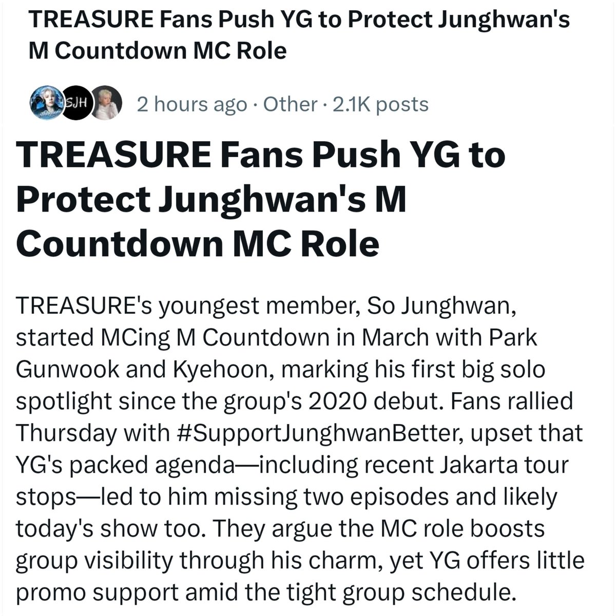 [📢] Hashtag Trending!

Over 2K posts helped on voicing out for our precious So Junghwan. Please keep dropping to let this concern reach to YG ❗️❗️

YG RESPECT JUNGHWAN’S MC SCHEDULE
#SupportJunghwanBetter
#SOJUNGHWAN #소정환 #TREASURE <a href="/ygtreasuremaker/">TREASURE MAKER</a> <a href="/ygent_official/">YG FAMILY</a>