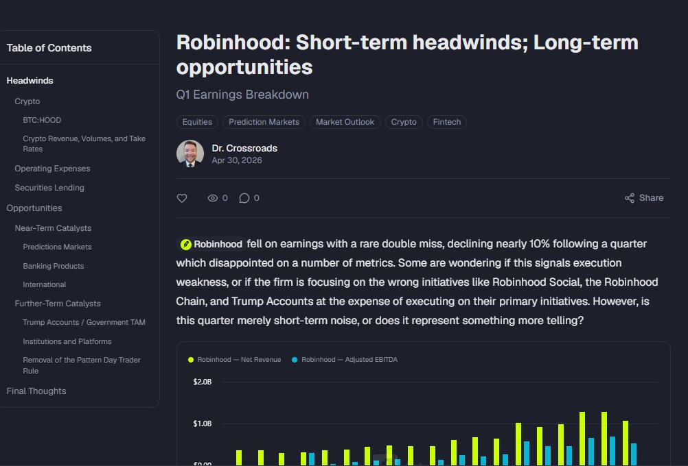 $HOOD While Robinhood is facing some headwinds over the short-term, I do think this is a fantastic long-term opportunity.

I have a long and detailed investment thesis and earnings reaction noting the specific headwinds along with catalysts on <a href="/artemis/">Artemis</a>. The link is below!