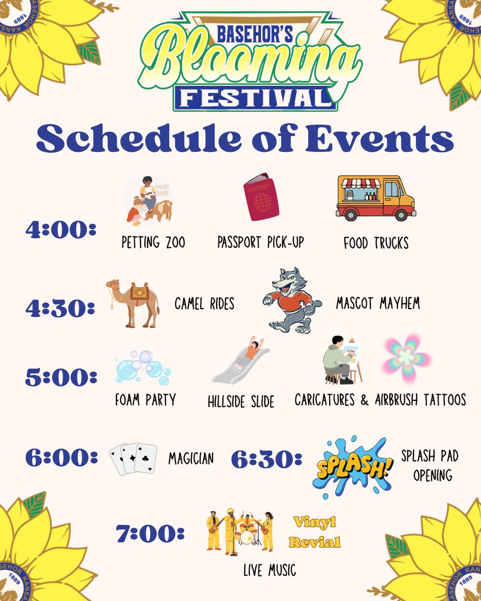 CityofBasehor's tweet photo. Tomorrow is the Basehor's Blooming Festival at the Basehor Civic Campus! ☀️🌻
Join us for tasty food, fun activities, and live music! What activity are you most excited about?
📅 Friday, May 1, 2026
⏰ 4:00pm-9:00pm
📍1600 N 158th St, Basehor, KS 66007 https://t.co/unJ5mx5Eyd