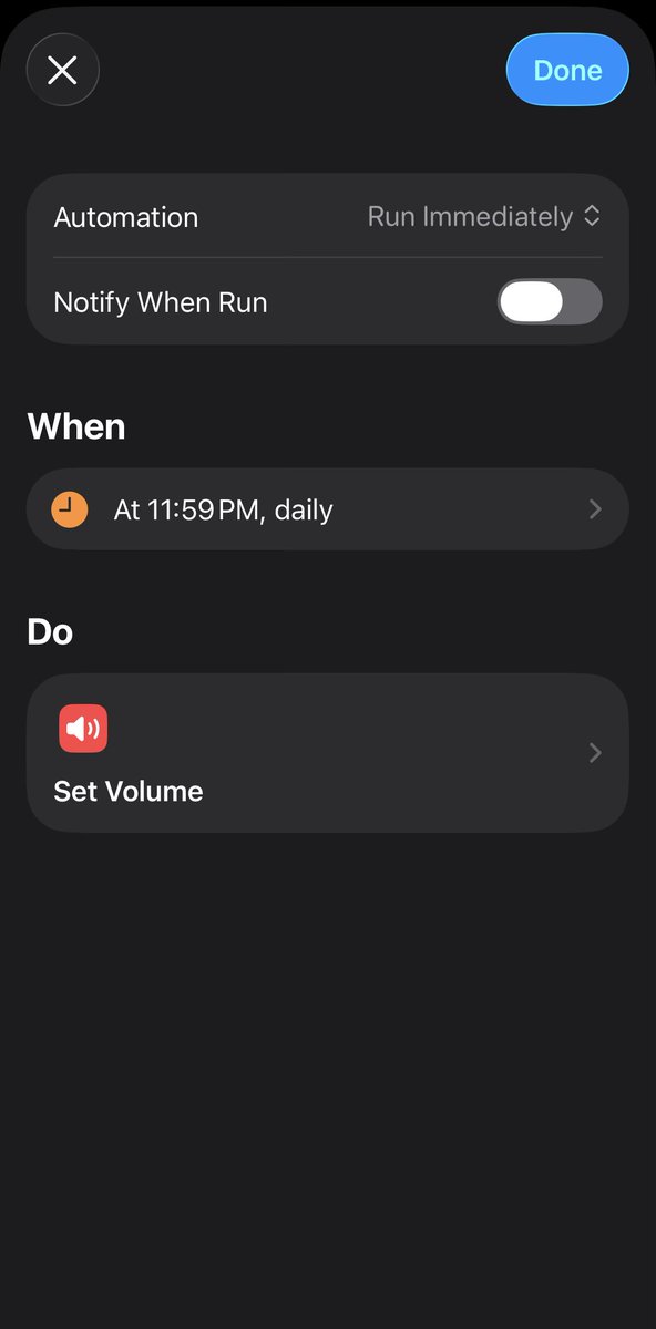 tom__machine's tweet photo. @TheWapplehouse You have to create an Automation in Shortcuts like this in order to make sure the ringer is up. It’s dumb but it works. https://t.co/i47kBVXQOI
