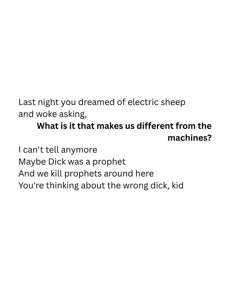 HMNolanbooks's tweet photo. Last night, you dreamed of electric sheep
and woke asking, what is it that makes us different from the machines?
I can't tell anymore
#vss365 #poetry #wordprompt #lion #writingcommunity https://t.co/KUs5ySVlZg