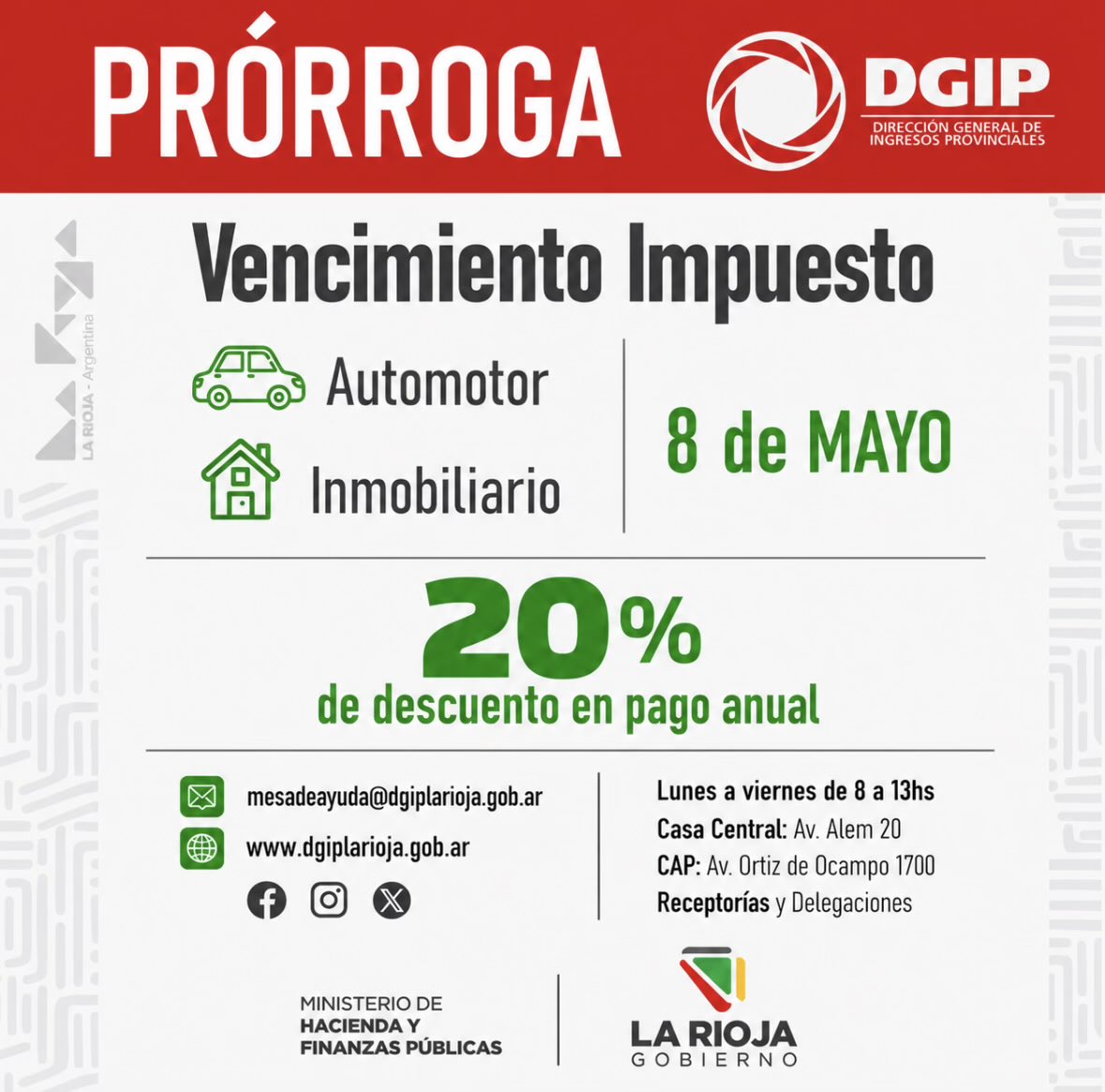 DGIPLaRioja's tweet photo. Se prorrogó el plazo para abonar el pago anual de los impuestos Automotor e Inmobiliario.

Podés obtener tu cedulón de pago a través de nuestra web y elegir cómo pagar:

🔹 Online
🔹 Presencial en nuestras oficinas

👉 Generá tu cedulón acá:
https://t.co/VnSNXPh0fq https://t.co/C6cvrXCaWI
