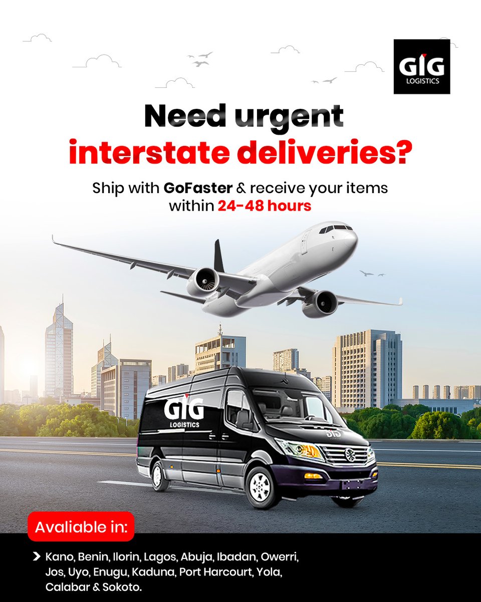 GiGLogistics's tweet photo. When time matters, choose GoFaster.
GIG Logistics delivers urgent interstate shipments within 24–48 hours.
Visit any GIGL Experience Centre in these cities to start shipping today.
Learn more: https://t.co/KBxS2LpZyZ
#GIGLogistics #InterstateDelivery #GoFaster #WeDeliver https://t.co/enz4L0B4k9