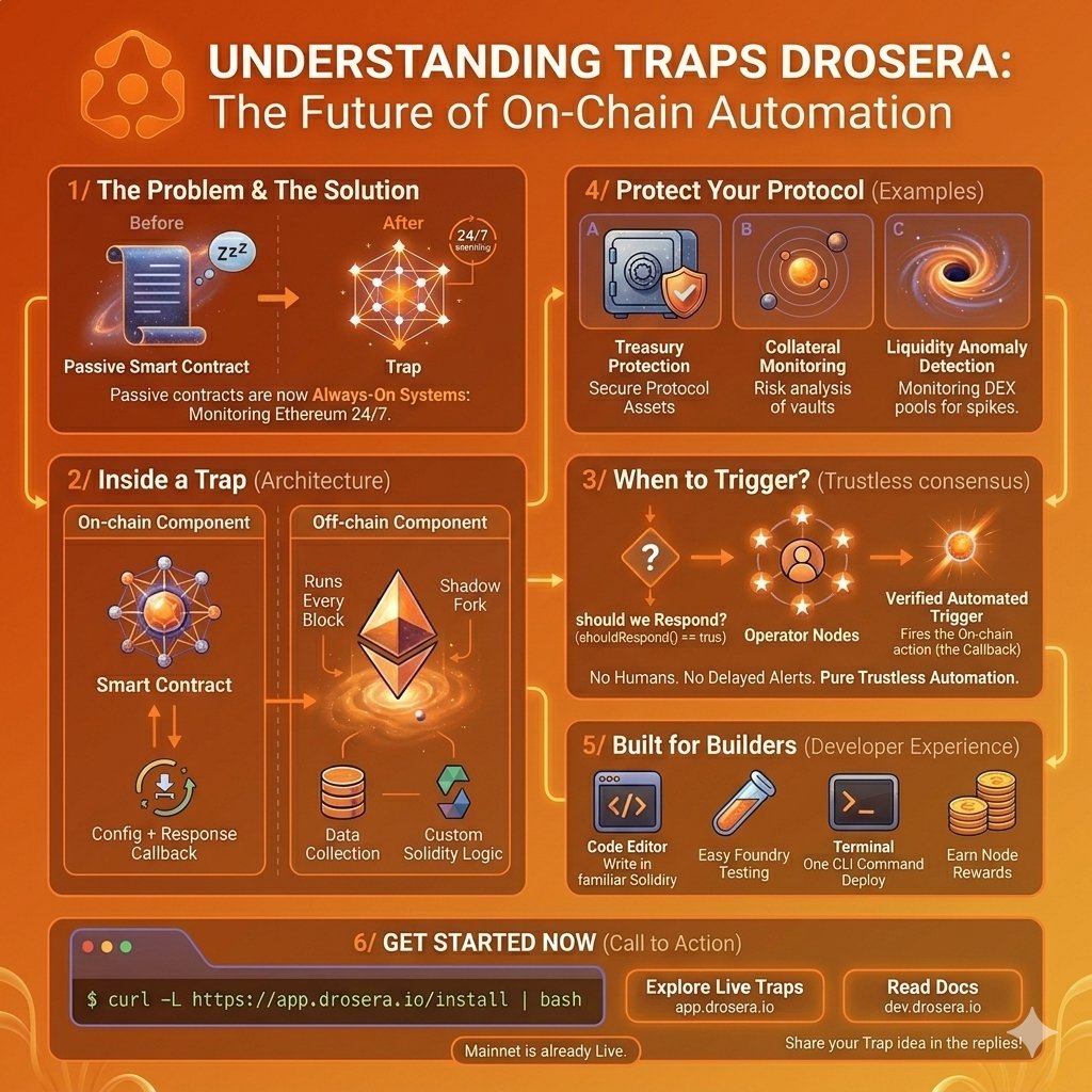 Sameersaifi_271's tweet image. 1/ Ever wondered how a smart contract can “watch” Ethereum 24/7?
Meet Traps Drosera’s game-changing invention. They turn passive contracts into always-on systems that monitor, analyze, and react instantly.
Here’s exactly how they work 👇
#Web3Security #WorldDrosera
@BjornAgnesi
