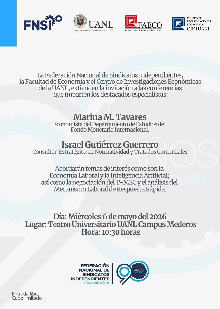 📣ATENCIÓN📣

La Federación Nacional de Sindicatos Independientes, a través de la Facultad de Economía y el Centro de Investigaciones Económicas, te invita a ser parte de un espacio de análisis y diálogo con especialistas de alto nivel.

🌟¡Te esperamos!🌟