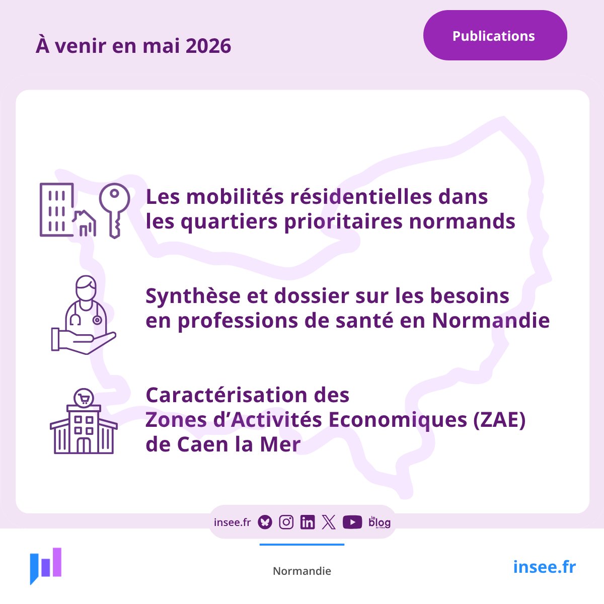 InseeNormandie's tweet image. [#Agenda] Mai 📖Demandez le programme ! Retrouvez ci-dessous nos publications prévues en mai. Pour consulter les études de l’Insee #Normandie déjà parues 👉 insee.fr/fr/statistique…