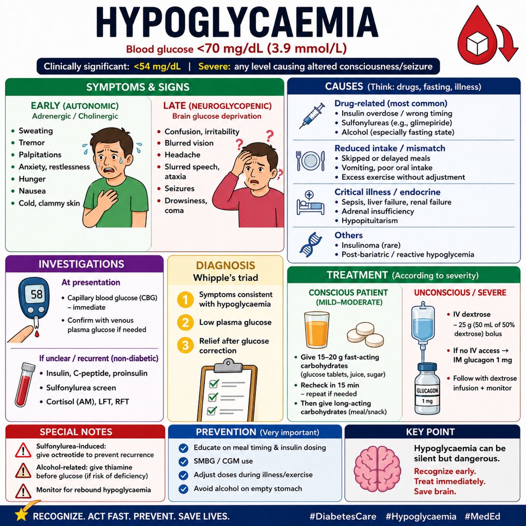 rpsingh1894's tweet image. Did you know? 👇
Hypoglycaemia isn’t just “low sugar” — it’s a medical emergency

⚠️ Missed meals + insulin = danger
⚠️ Delayed recognition = brain injury

Recognize early. Treat immediately.

#DiabetesEducation #InsulinTherapy #MedEd #Healthcare