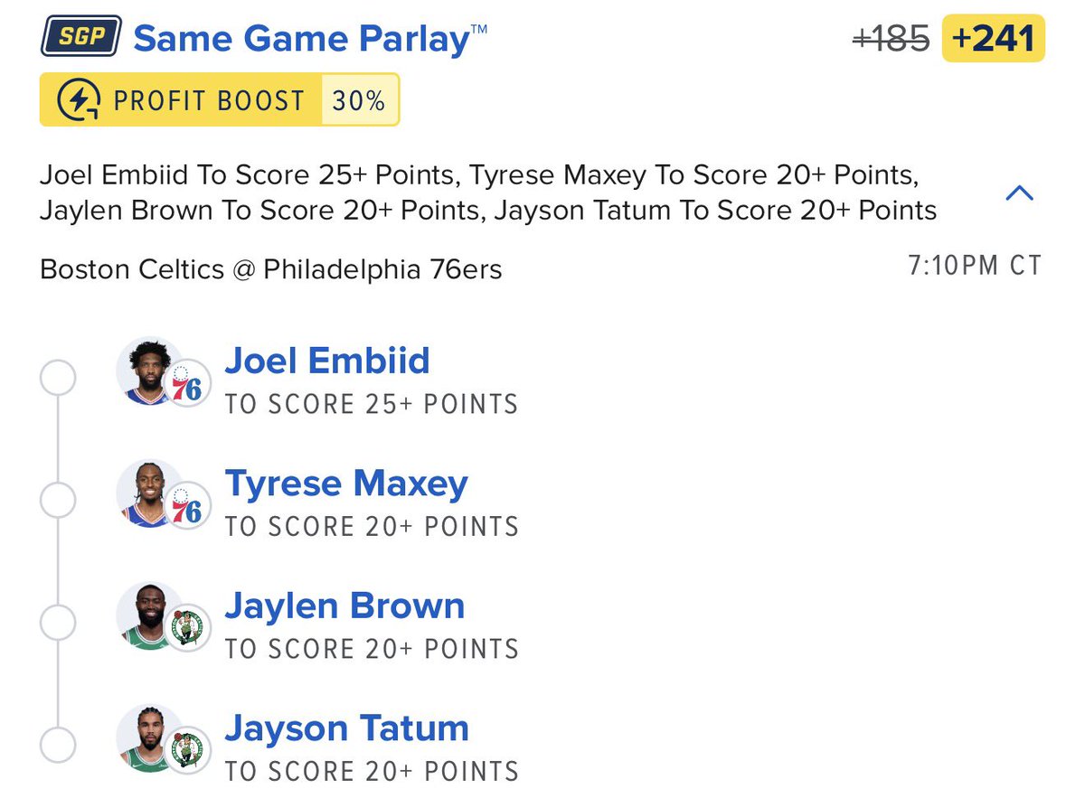 FREE PLAY 🧪🔥

Embiid 25+
Maxey 20+
Brown 20+
Tatum 20+

+241 WITH A 30% BOOST 👀

Stars gotta show up in a big matchup… simple as that 💰

Who’s riding with this one? 👇
Link in bio to tail 🎯