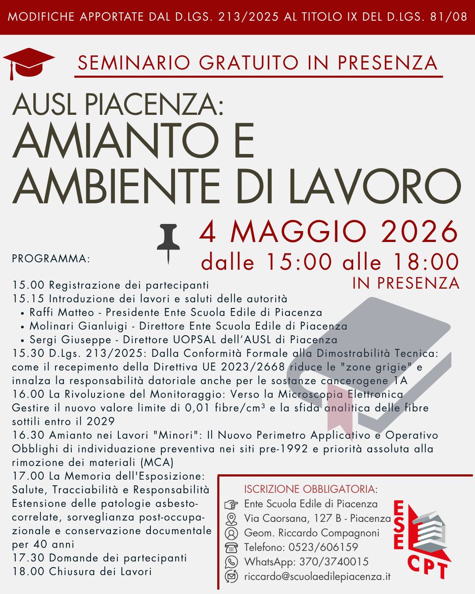 EnteScuolaEdile's tweet photo. 📌 Seminario gratuito
AMIANTO E AMBIENTE DI LAVORO

📆 4 MAGGIO 2026
      IN PRESENZA dalle 15:00 alle 18:00

Info:
👉 Ente Scuola Edile di Piacenza
Geom. Riccardo Compagnoni
☎ Telefono: 0523/606159
WhatsApp: 370/3740015
✉ riccardo@scuolaedilepiacenza.it https://t.co/0EtSgy8qwM