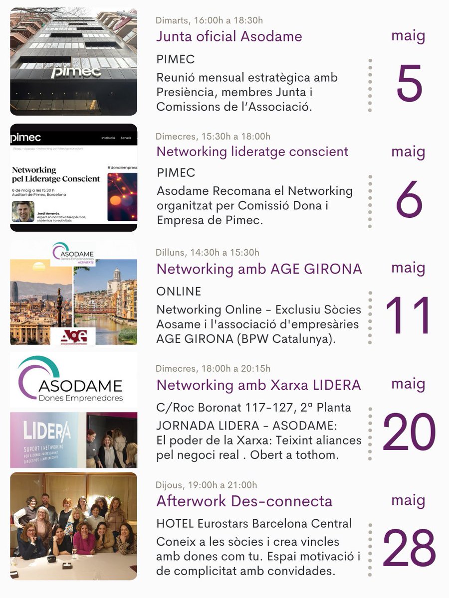 asodame_bpw's tweet photo. 🗓️ Mes de Maig a #Asodame #DonesEmprenedores  Connecta i Creix. Prepara la teva agenda! T’esperem a les activitats  organitzades, co-organitzades i recomanades per aquest mes que comença per seguir impulsant juntes el teu lideratge femení https://t.co/Z5imbOWhl8 @bcn_ajuntament https://t.co/LZOw4zBAdx