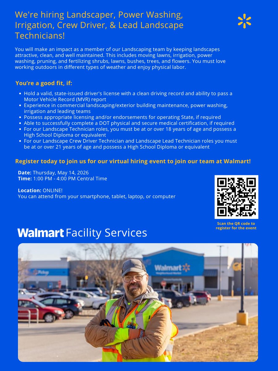 WalmartHiring's tweet image. We have a Landscaper, Power Washing, Irrigation, Crew Driver, &amp;amp; Lead Landscape Technicians virtual hiring event for Walmart coming up soon!

Learn more and register here: 
tinyurl.com/yac9xk6p

#hiring #jobsearch #newopportunities #careersatwalmart