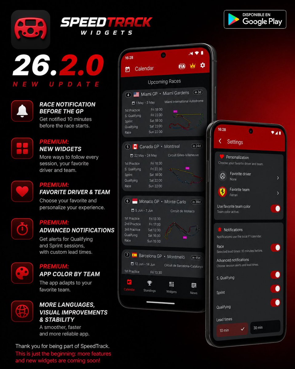 SpeedTrack_f1's tweet photo. SpeedTrack Widgets 26.2.0 is here 🏁

New race notifications, advanced session alerts, more personalization, favorite drivers and teams, premium widgets, team-based app colors, and general improvements across the app.

More control. More SpeedTrack.

This is just the beginning.

#Android F1