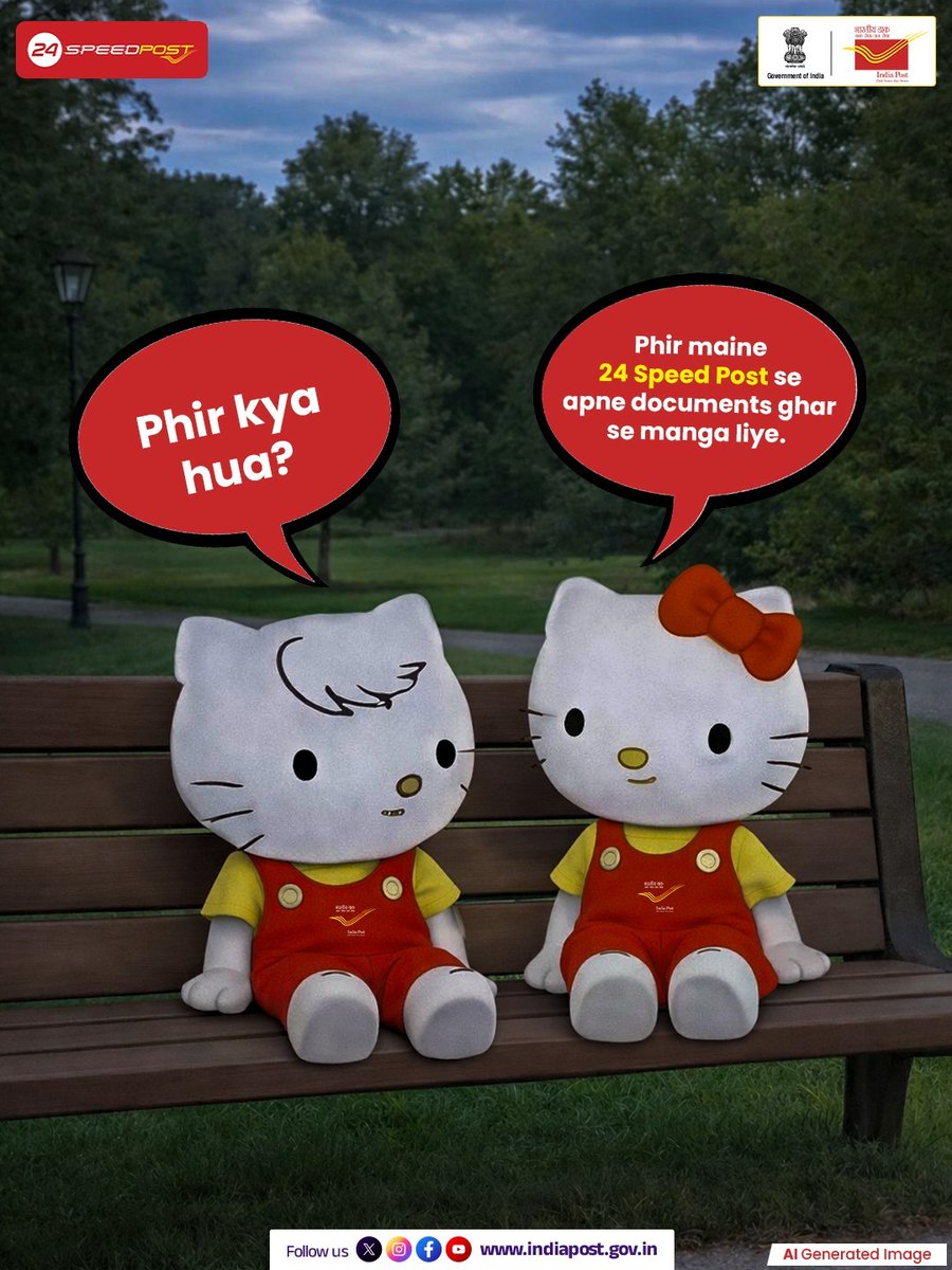 IndiaPostOffice's tweet image. Phir? Phir 24 Speed Post se important parcels or documents agle din hi 6 metro cities mei deliver hone ki guarantee mil gayi. 

IB- @hellokitty

#Trending #Viral #PhirKyaHua #24SpeedPost #HelloKitty #NextDayDelivery #DakSewaJanSewa