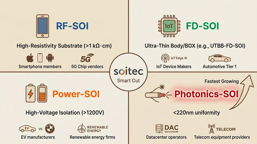 PhotonCap's tweet photo. Soitec $SOI / $SLOIF is up more than 370% YTD.
But step back to a 5-year view and the stock is still down 28.99%. So this is a recovery, not a breakout to new highs.

So what's behind the move?
SOI wafers feed a broad set of end markets (silicon photonics, RF, and others).

In silicon photonics, trying to build a chip without an SOI wafer is like trying to build a house without first buying the land.

Competitors? 
Yes, you'll see names like SEH (Shin-Etsu Handotai), GlobalWafers, and Simgui.

But the IP sits with Soitec. Even when competitors generate revenue, Soitec collects a royalty on top through Smart Cut licensing. 

About 80% of the SOI market runs on Smart Cut, so Soitec captures value either as product revenue or as royalty revenue across most of the ecosystem.
