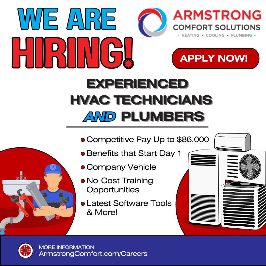 ArmstrongHVAC's tweet photo. Stop settling for just another job.

Find real career paths, real growth, &amp; real opportunity at ACS!
We’re looking for experienced:
🔹HVAC Technicians
🔹Plumbers

Apply today and see the difference!
🌐 https://t.co/k24p2jGEbw https://t.co/hyXJkc2UGZ