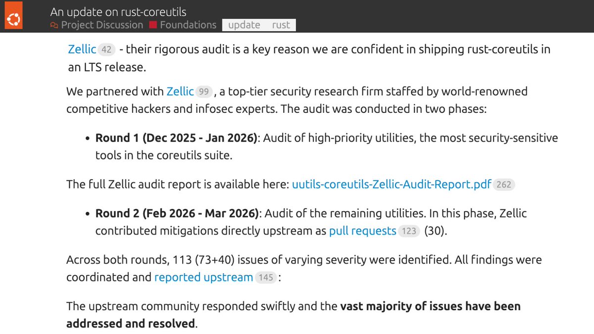 The core utilities that run every Linux system have been rewritten in Rust. We audited them.

Before shipping uutils coreutils with Ubuntu 26.04, <a href="/Canonical/">Canonical</a> commissioned Zellic for an external security audit.

Two rounds, fixes contributed directly upstream.

Full report below.