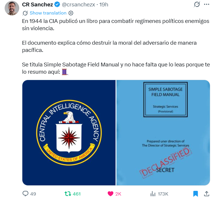 GoogleExpertUK's tweet image. In 1944 the CIA published a book to combat enemy political regimes without violence.
Document explains how to destroy adversary's morale in peaceful manner.
Titled Simple Sabotage Field Manual.
I'll summarize it for you here🧵
@crsanchezx
x.com/GoogleExpertUK…
#ADA✝️#socent🧩