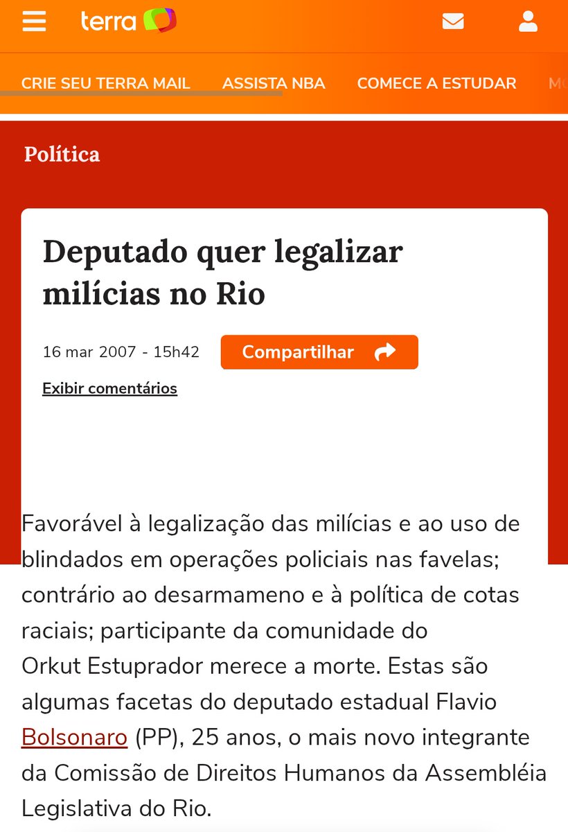 <a href="/NewsLiberdade/">SPACE LIBERDADE </a> Em 2007, então deputado estadual, Flávio Bolsonaro defendeu a legalização das milícias no Rio de Janeiro, chamando-as de grupos comunitários que "impediam a venda de maconha" e traziam segurança para moradores em áreas de comunidades carentes.

A direita defende miliciano👍🏾