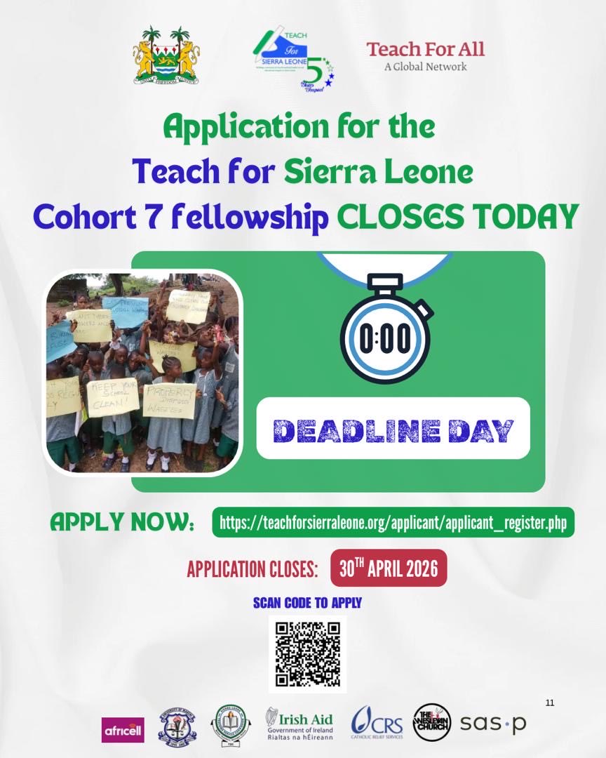 TeachForSalone's tweet photo. DEADLINE DAY!!! 

The Teach for Sierra Leone Leadership Development Fellowship is your chance to transform lives, starting with your own.

* Lead change in underserved communities 
* Grow as a leader 
* Build a better future for Sierra Leone.

APPLY NOW👇🏾👇🏾👇🏾👇🏾👇🏾

Via this google form 
https://t.co/f6az07J7gv