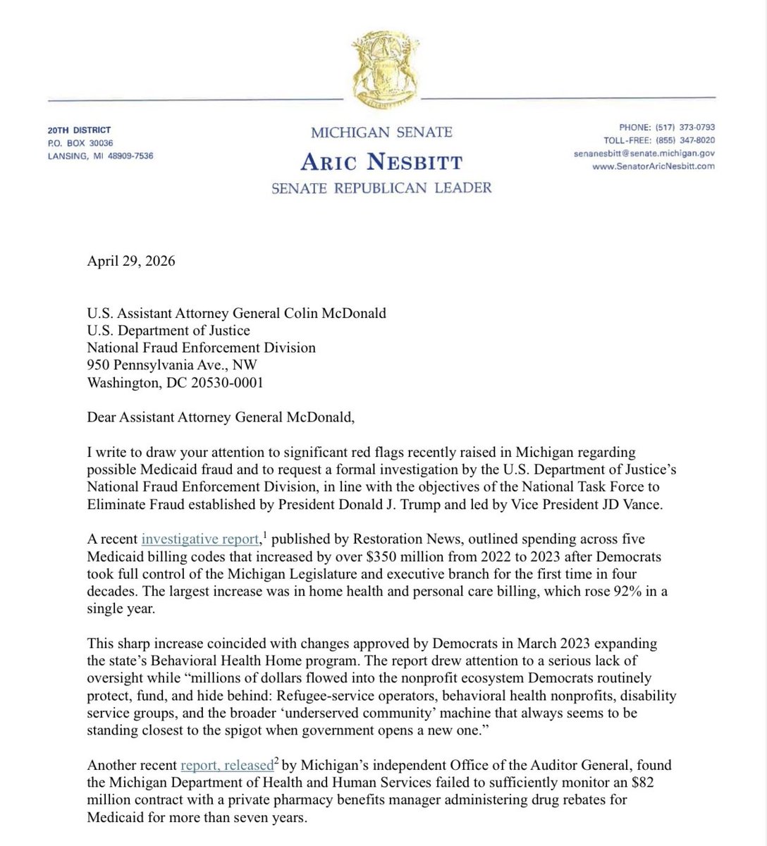 Senator Aric Nesbitt tweet media