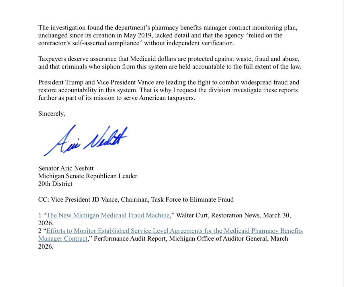 Senator Aric Nesbitt tweet media