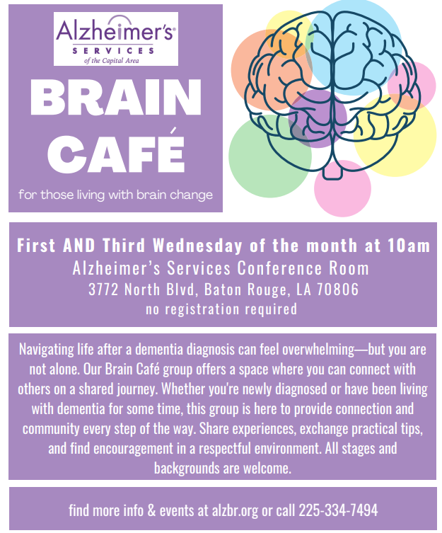 AlzServices's tweet photo. Gather with us at Brain Cafe - a group for those living with brain change. Now meeting every first and third Wednesday of the month! https://t.co/qpkOqoY3Gh