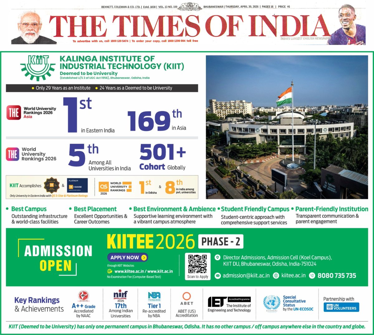 sr0682's tweet image. Proud moment for KIIT Deemed to be University! Ranked 1st in Eastern India, 169th in Asia (THE Rankings 2026), 5th among all universities in India, Placed in 501+ global cohort
KIITEE2026 Phase-2
Shape your future with excellence
#HigherEducation #AdmissionsOpen 
@KIITUniversity