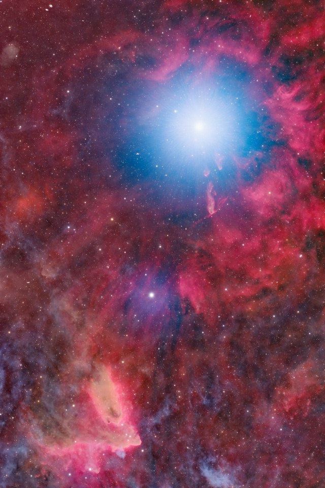 The blue flame of Rigel and the red color of hydrogen nebulae in Farshad Mohammadi's 22-hour exposure were captured using the 91mm Petzval refractor.