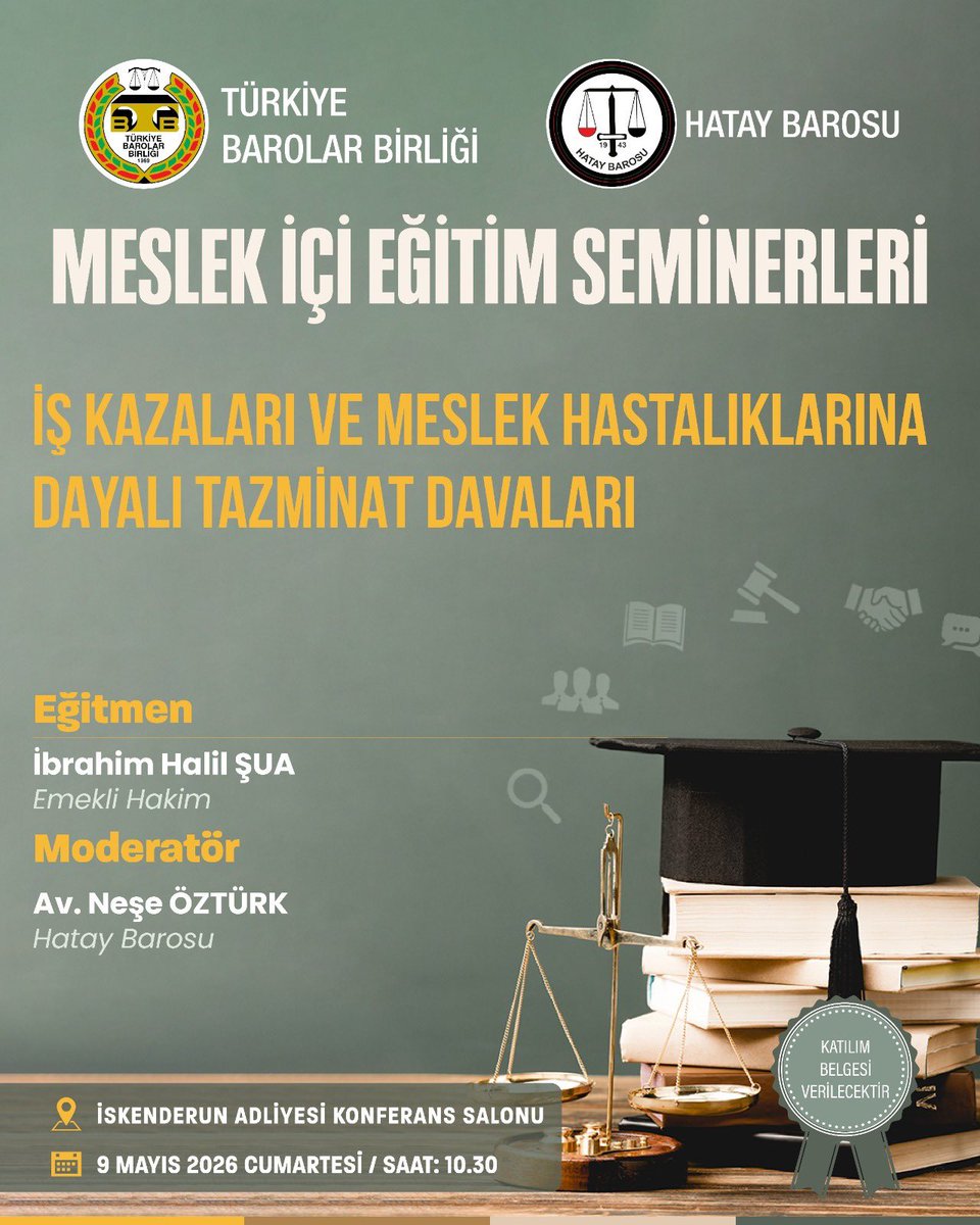 Ibrahimsua's tweet photo. 8 Mayıs 2026 tarihinde Türkiye Barolar Birliği  Adana Barosu’yla 9 Mayısta ise Hatay Barosuyla müşterek olarak organize ettiği, iş kazaları ve meslek hastalıklarına dayalı tazminat davalarına ilişkin güncel hukuki gelişmeleri ç meslektaşlarımızla birlikte değerlendireceğiz. https://t.co/k0mJdDzRRA