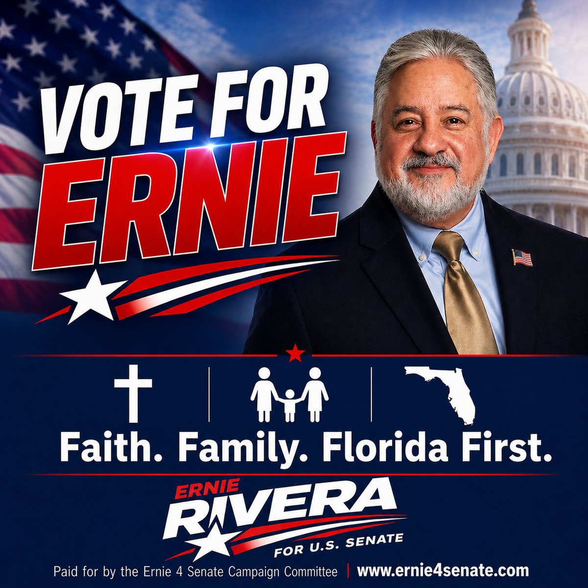 Ernie4Senate's tweet image. 🇺🇸 VOTE FOR ERNIE 🇺🇸
Faith. Family. Florida First. 🇺🇸
Leadership rooted in faith and driven by purpose.

🌐 ernie4senate.com
✔️ Paid for by the Ernie 4 Senate Campaign Committee

#ErnieRivera #FaithInAction #FloridaFirst #communityfirst #SenateRace #USSenate #Senate2026