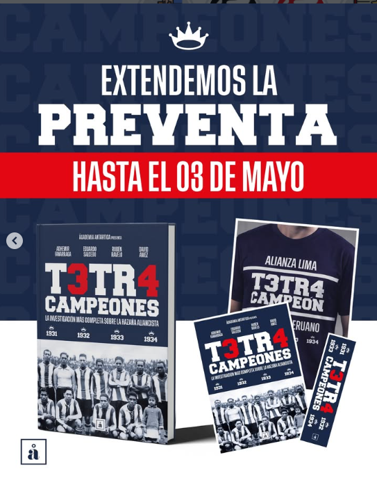 ¡SE AMPLIÓ LA PREVENTA! 🚨📕

A pedido del público, T3TR4CAMPEONES amplió su preventa hasta el 3 de mayo 🔥 ¡últimas unidades!

T3TR4CAMPEONES (Academia Antártica, 2026) es la investigación definitiva sobre la hazaña aliancista de 1934, en la que se alcanzó un hito deportivo que,