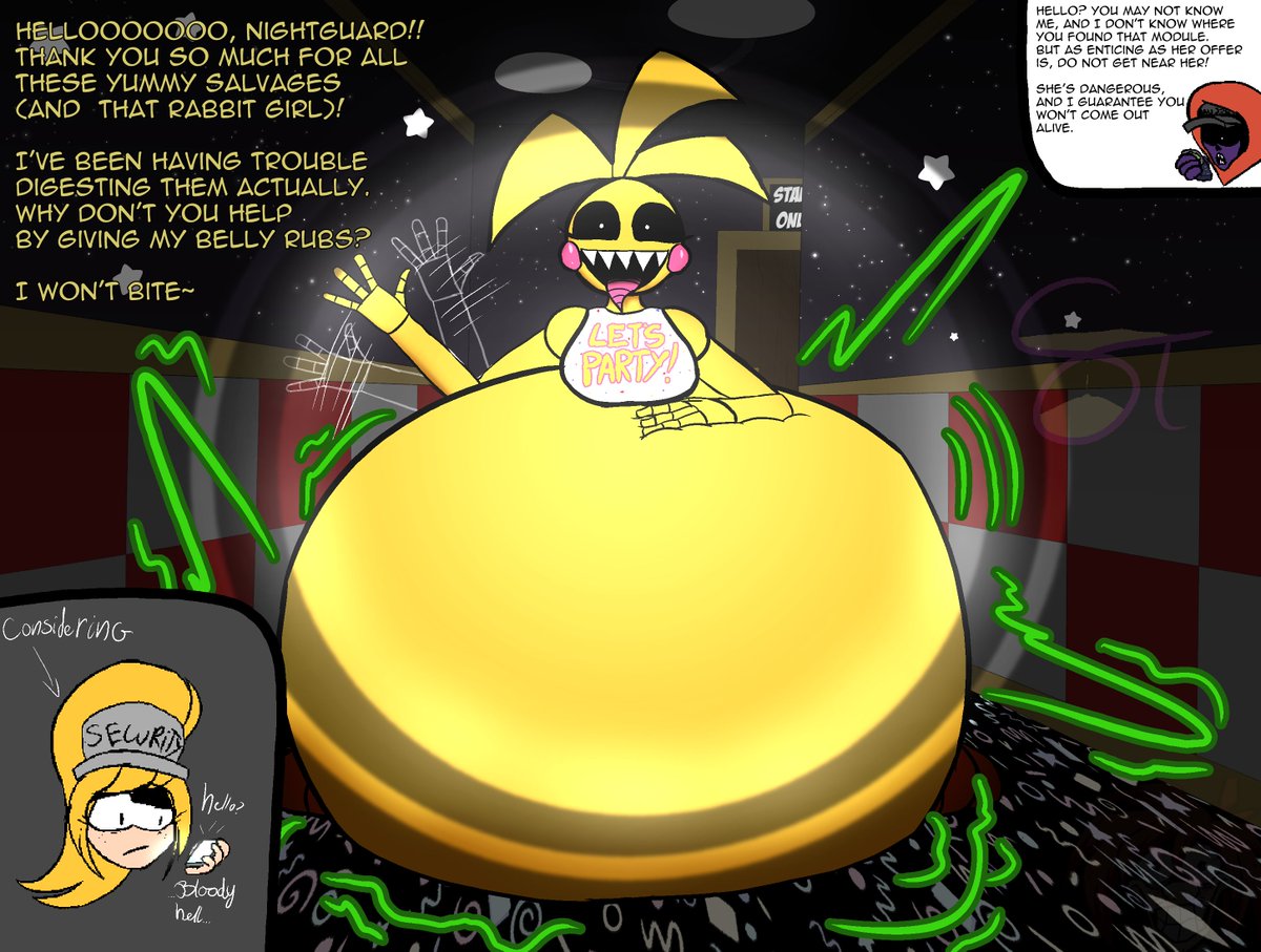 SnowofTime's tweet photo. CW//VORE #vore
(credit to @Hangrydem0n for making the background)
 
Lowk, this aint gonna make it as big as the Foo Fighters drawing drawing did. 

Toy Chica vore with Frickbear's 3 sprinkled in.

You could say that this is the vore ending mod that replaces the evil ending mod. https://t.co/1sLvQQ2exF