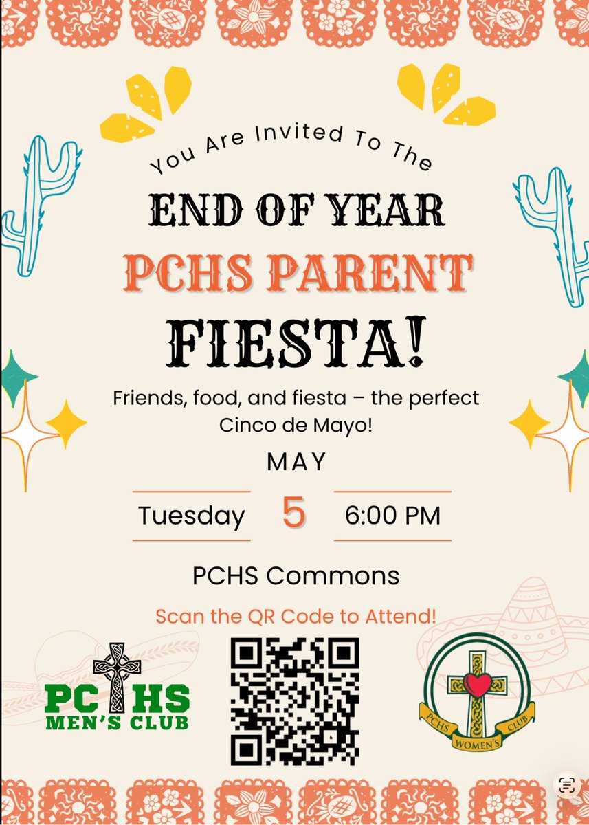 MenProvidence's tweet photo. Provi parents…you are invited to the End of Year PCHS Parents Fiesta sponsored by the Mens &amp; Womens Clubs.  Please register using the qr code or at https://t.co/g7BNg1hKea
@PCHS_Celtics @PCHSWomensClub @PcWeare #parentsfiesta https://t.co/w8eSGWw65N